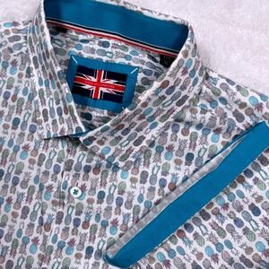 Soul of London Button Shirt Men XL White Teal Pineapple AOP Short Sleeve Stretch